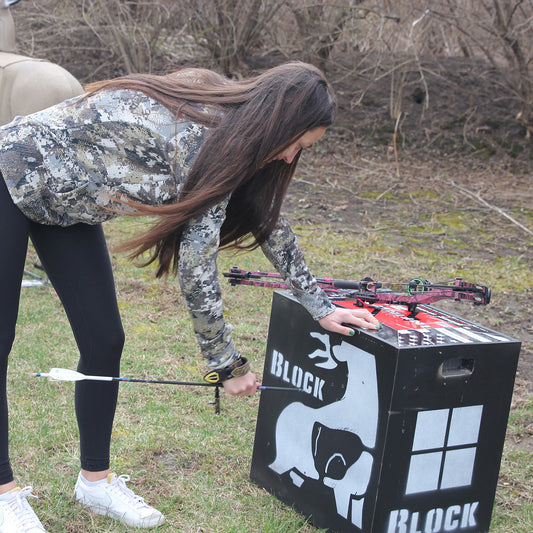 Target practice outdoor archery setup with bow and arrow on a wooden block.