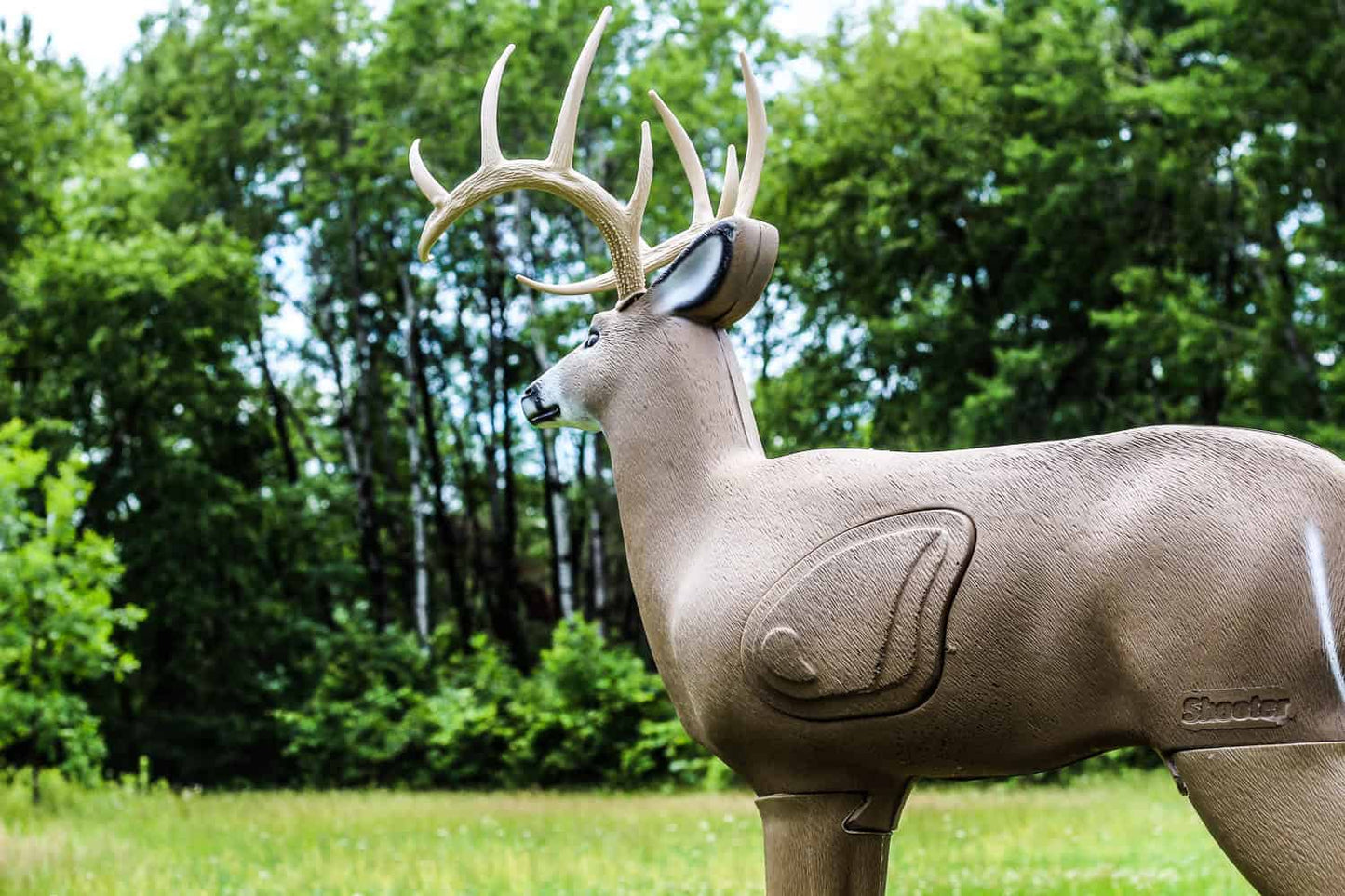 Deer-shaped archery target with antlers, ideal for outdoor bowhunting practice and shooting accuracy.
