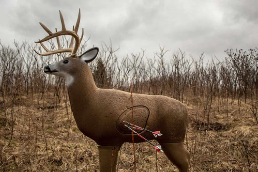 Deer target with integrated archery practice features, in outdoor field with cloudy sky.