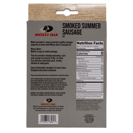 Succulent smoked summer sausage in original Mossy Oak packaging for outdoor enthusiasts.