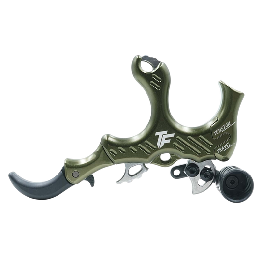 Lightweight archery release aid with adjustable tension and ergonomic design for hunting and target shooting.