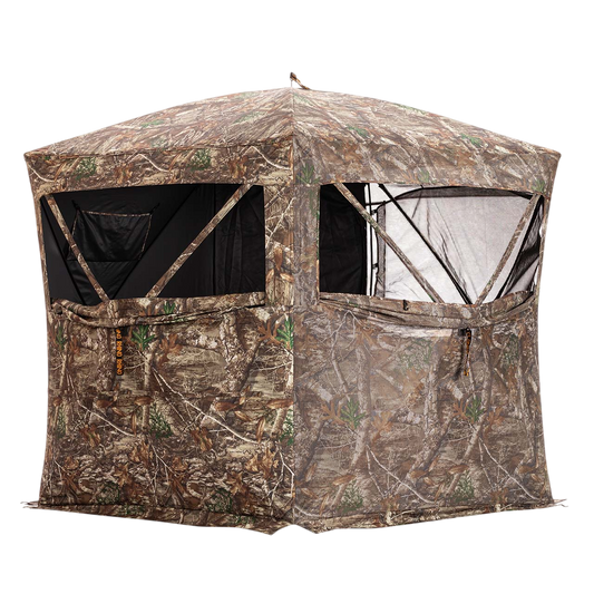 Camo hunting blind shelter with mesh windows for outdoor bowhunting and archery activities.