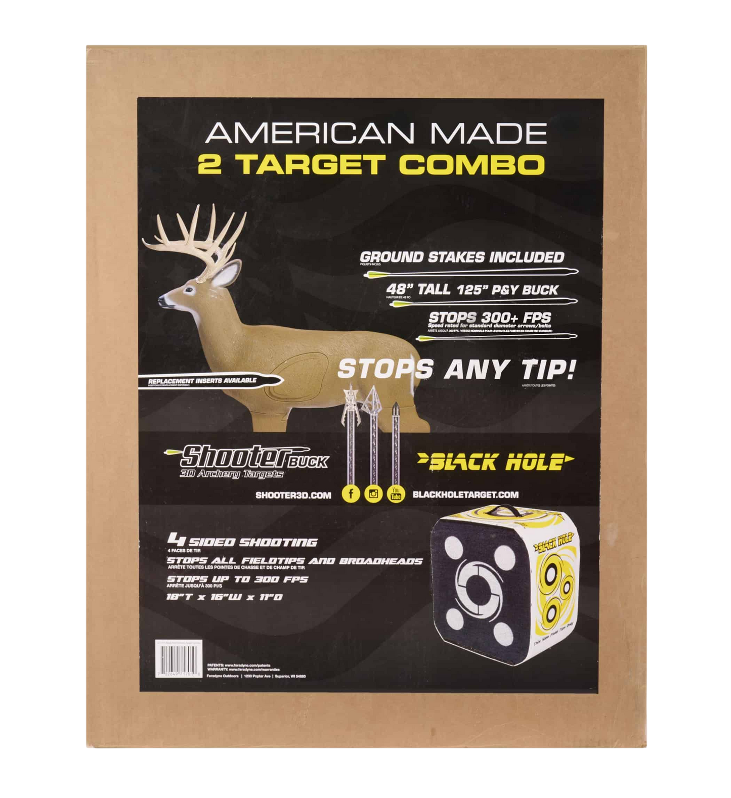 Bright yellow and black archery target shipping box with deer illustration and product details.