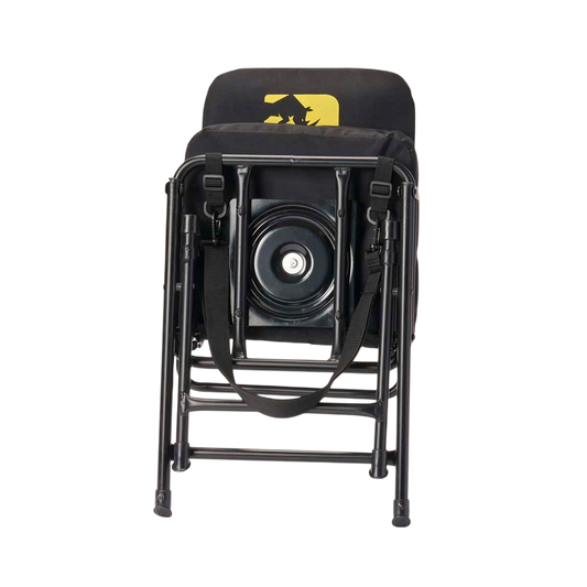 Speaker on portable foldable chair for outdoor events and adventures.