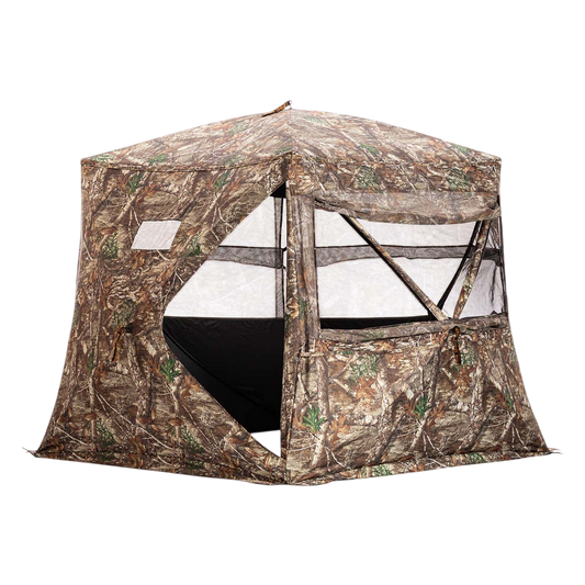 Camo hunting blind tent with mesh windows designed for bowhunting and outdoor wildlife observation.