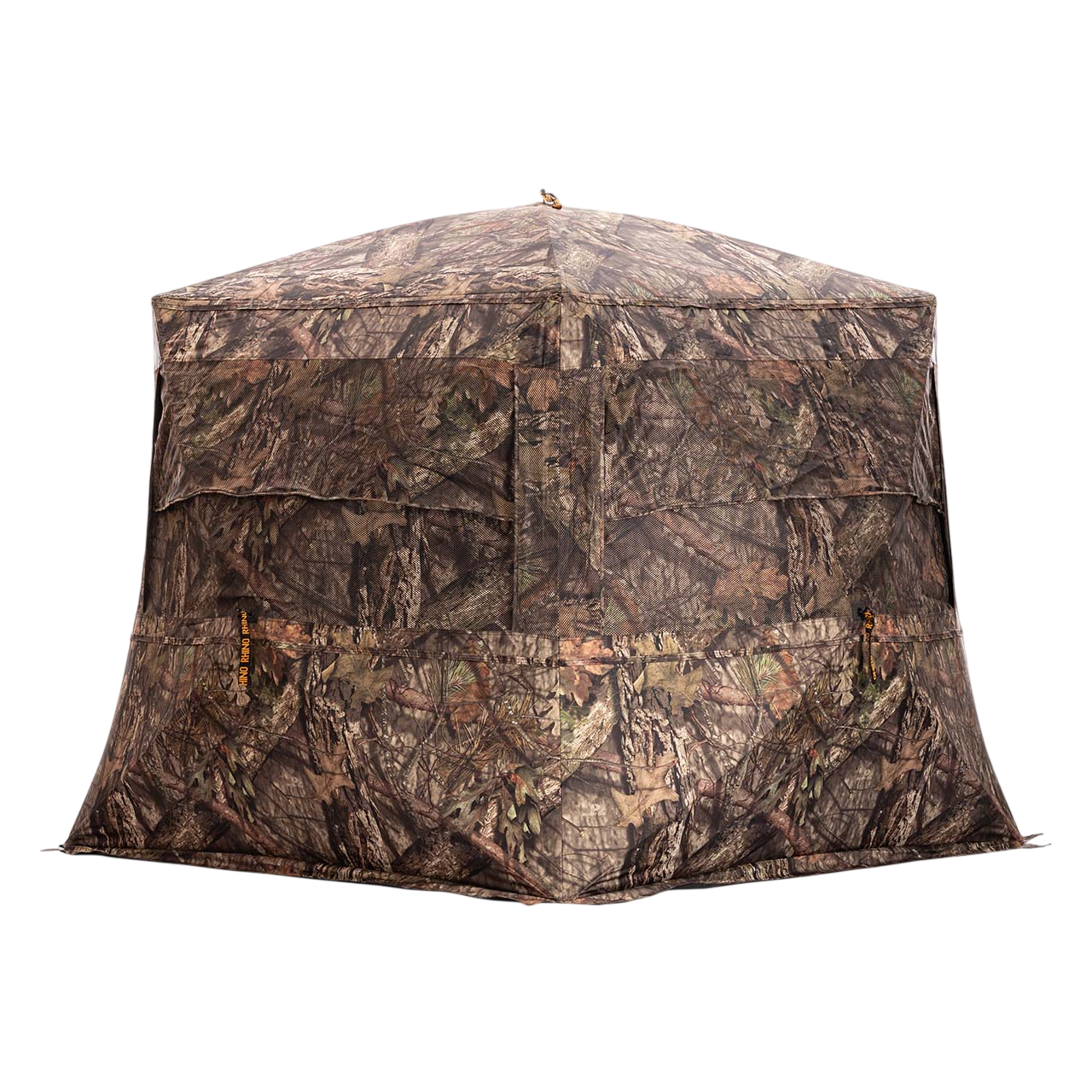 Camouflage hunting blind with tarp exterior, ideal for bowhunting and outdoor concealment.