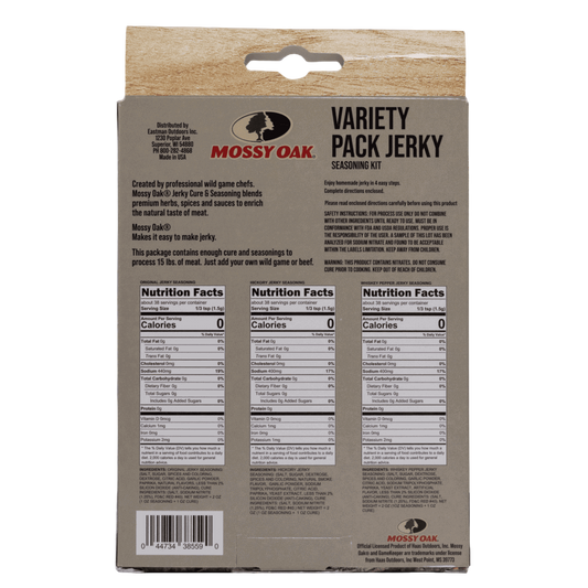 Mossy Oak variety pack jerky seasoning kit for wild game and beef, easy to prepare at home.