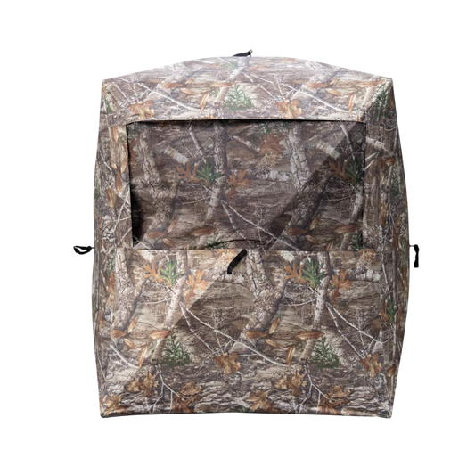 Camouflage hunting blind for bowhunting and outdoor wildlife observation.