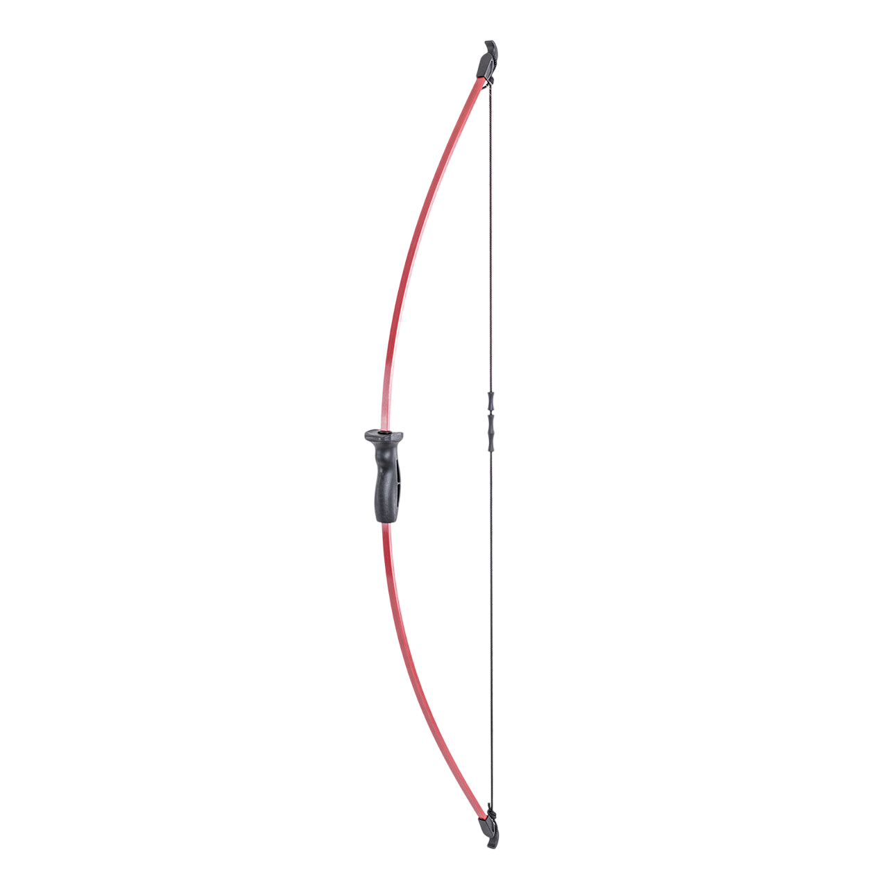 Flexible bowfishing bow with red fiberglass limb and sturdy handle.