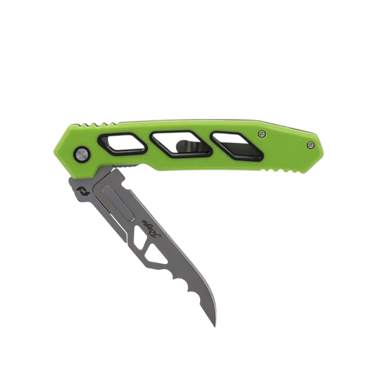 Flexible green and black folding blade knife for outdoor hunting and gear prep.