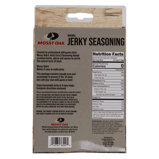 Jerky seasoning back with wooden accent packaging, ideal for outdoor enthusiasts and hunters.