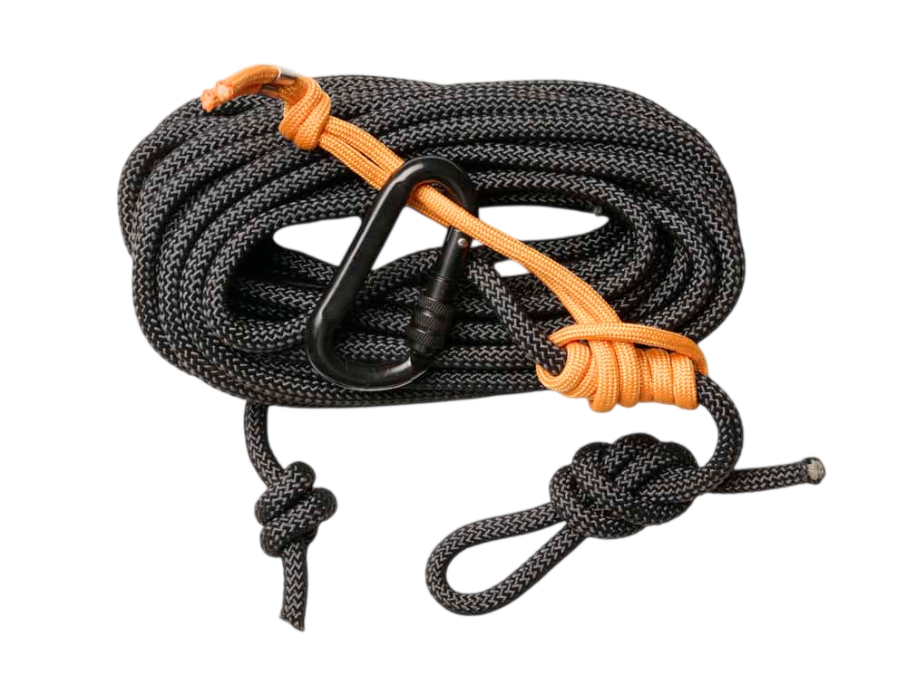 1. Durable black and orange climbing rope with carabiner for outdoor adventure safety.