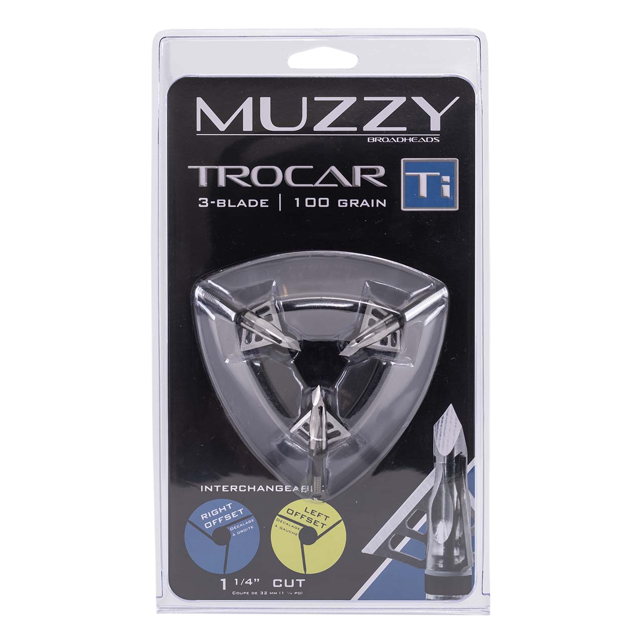 Muzzy Trocars Broadheads for Bowhunting, 3-Blade, 100 Grain, Interchangeable Offsets.