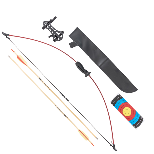 Archery bow with accessories and target for bowhunting and outdoor shooting.
