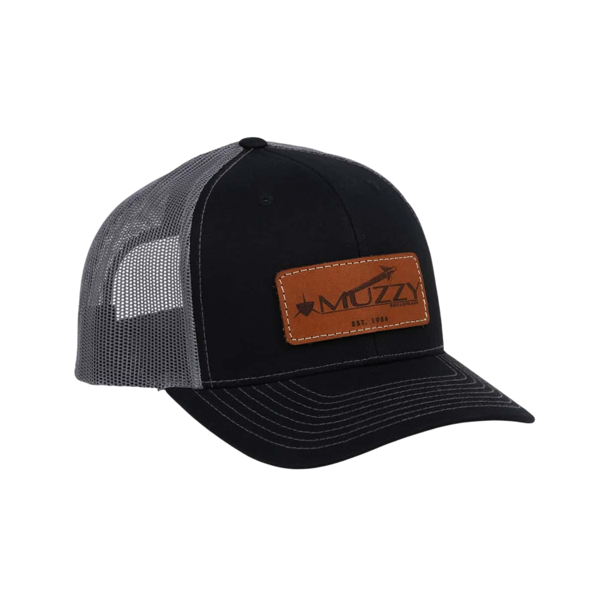 Stylish black and gray trucker hat with a leather patch featuring "Muzzy" logo and mesh back ventilation.