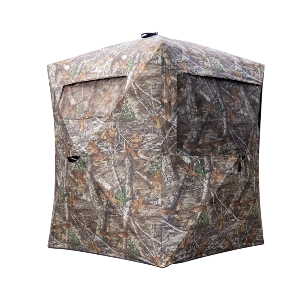Camouflage hunting blind for outdoor archery and bowhunting activities.