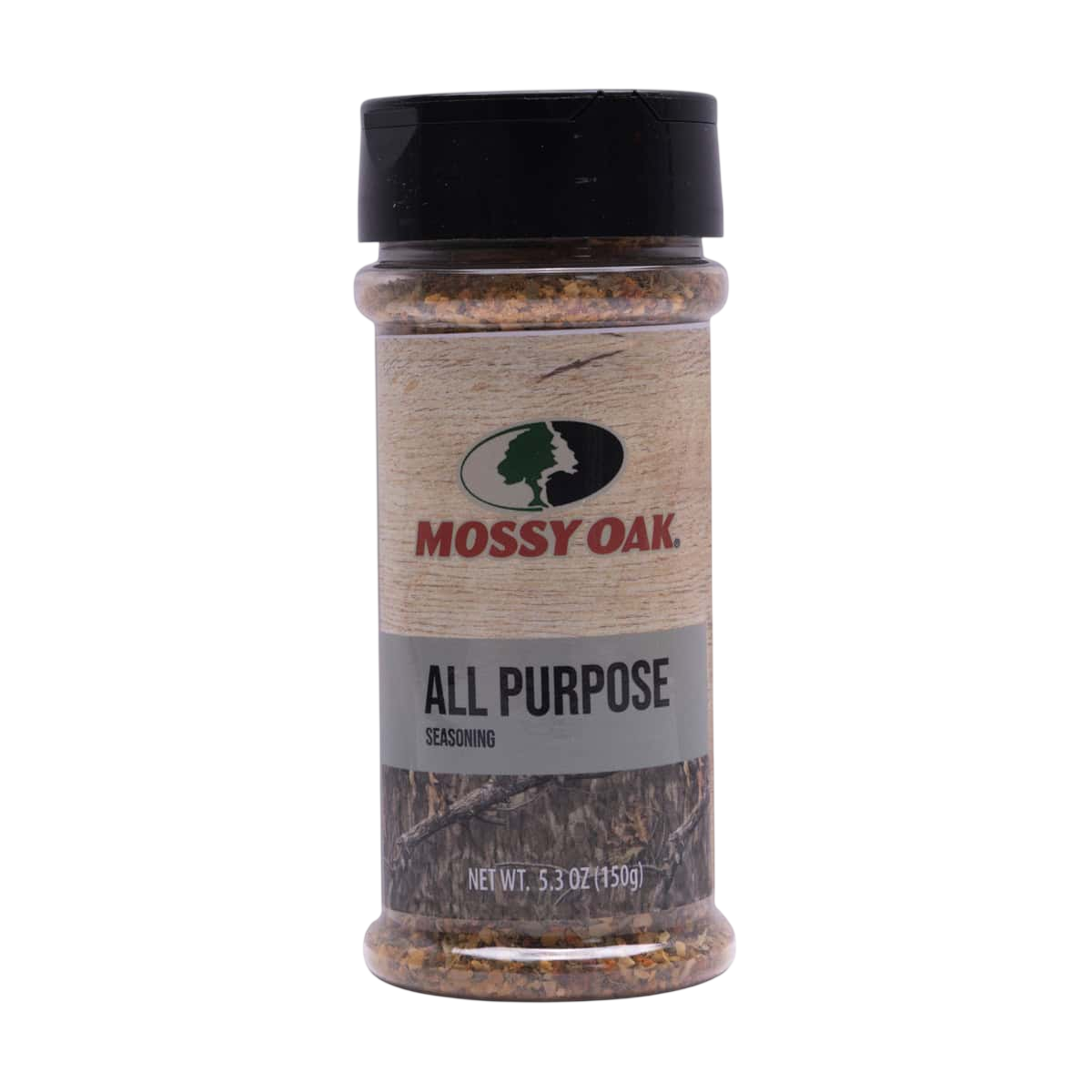 1. All purpose seasoning in Mossy Oak container for outdoor cooking and seasoning.
