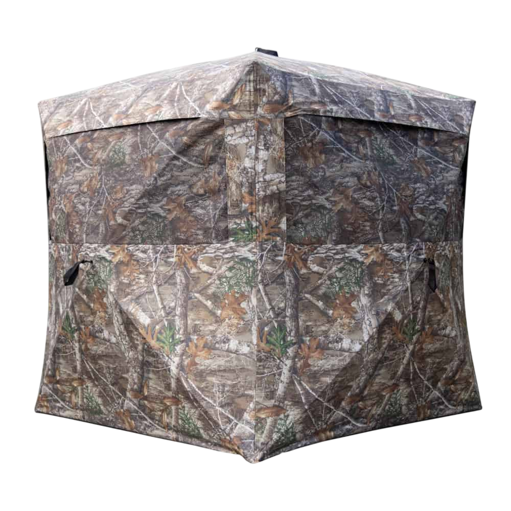 Camouflage hunting blind with tree bark pattern for outdoor bowhunting stealth.