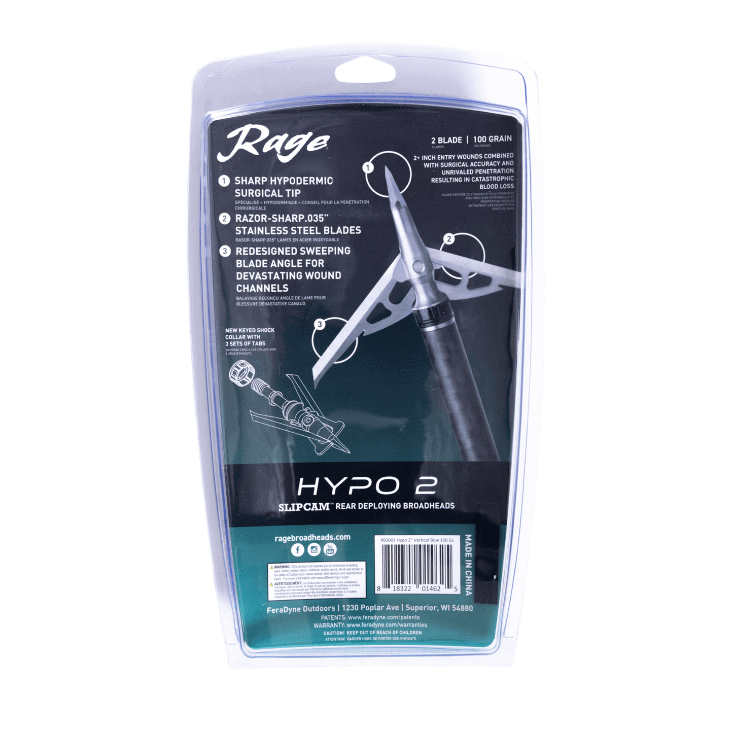 Precision broadhead packaging with black and teal design, showcasing blade features and specifications.