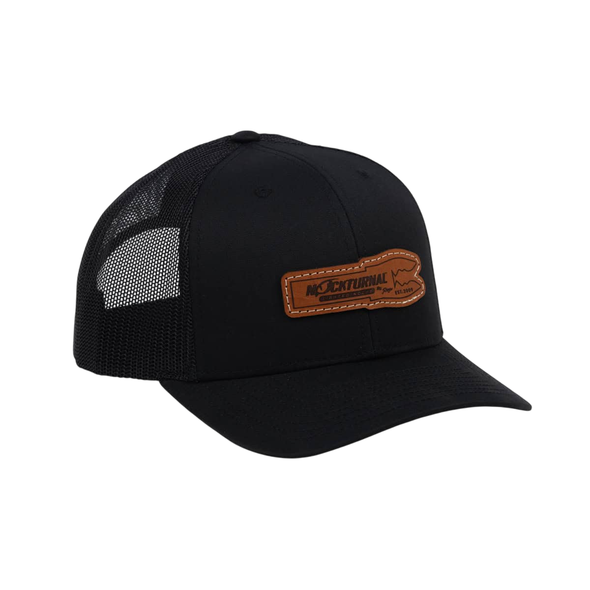 Black trucker cap with leather patch logo, breathable mesh back, and curved brim, perfect for outdoor adventures.