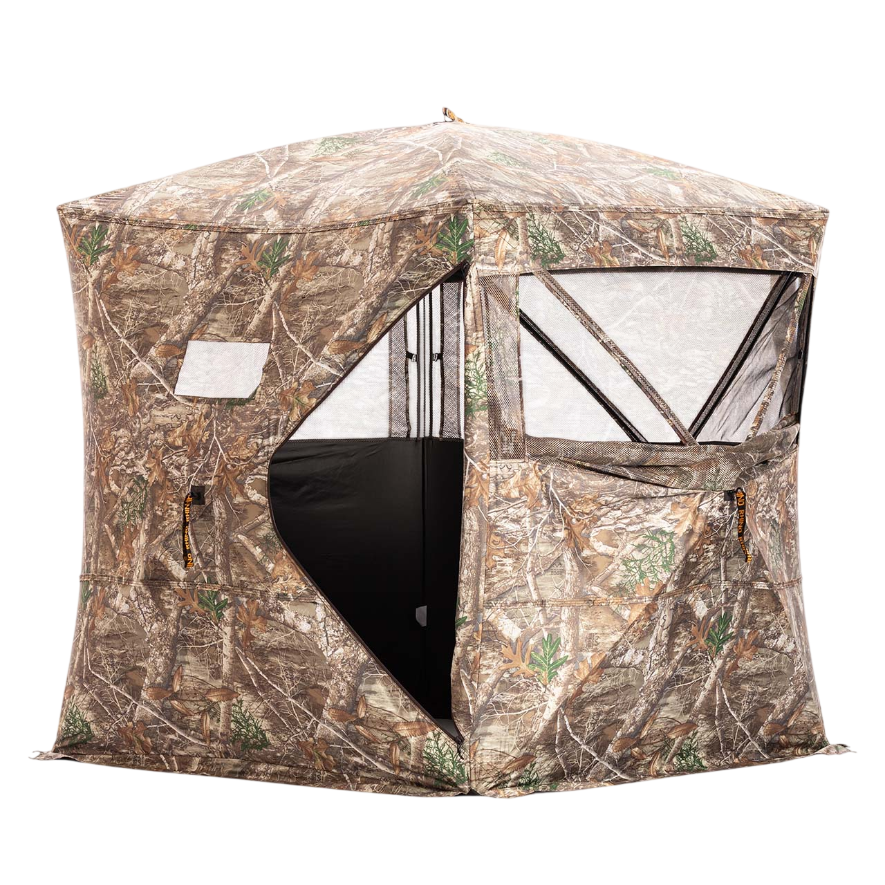 Camouflage hunting blind with mesh windows for bowhunting and outdoor concealment.