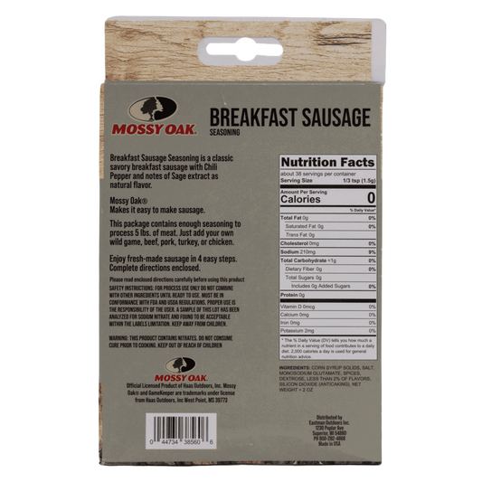 Mossy Oak Breakfast Sausage seasoning package, natural flavor, easy sausage-making kit.