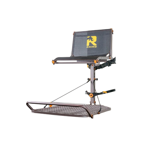 Adjustable tree-mounted archery and bowhunting gear platform with safety straps and shooting rail.