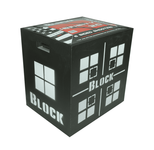 Six-sided shooting target cube for archery practice, designed for outdoor use and durability.