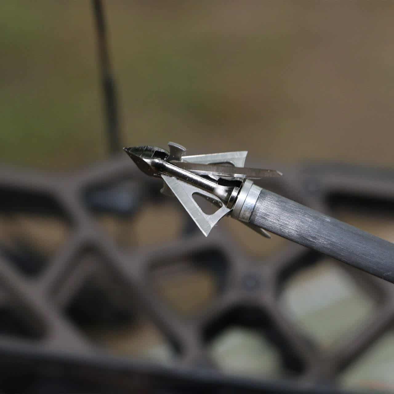 Precision bowhunting broadhead arrow tip mounted on a bow.