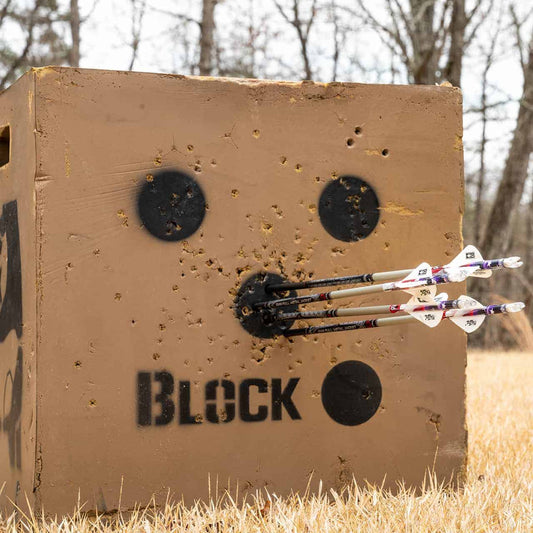 Arrows hitting a bullseye target at an outdoor archery range during daytime.