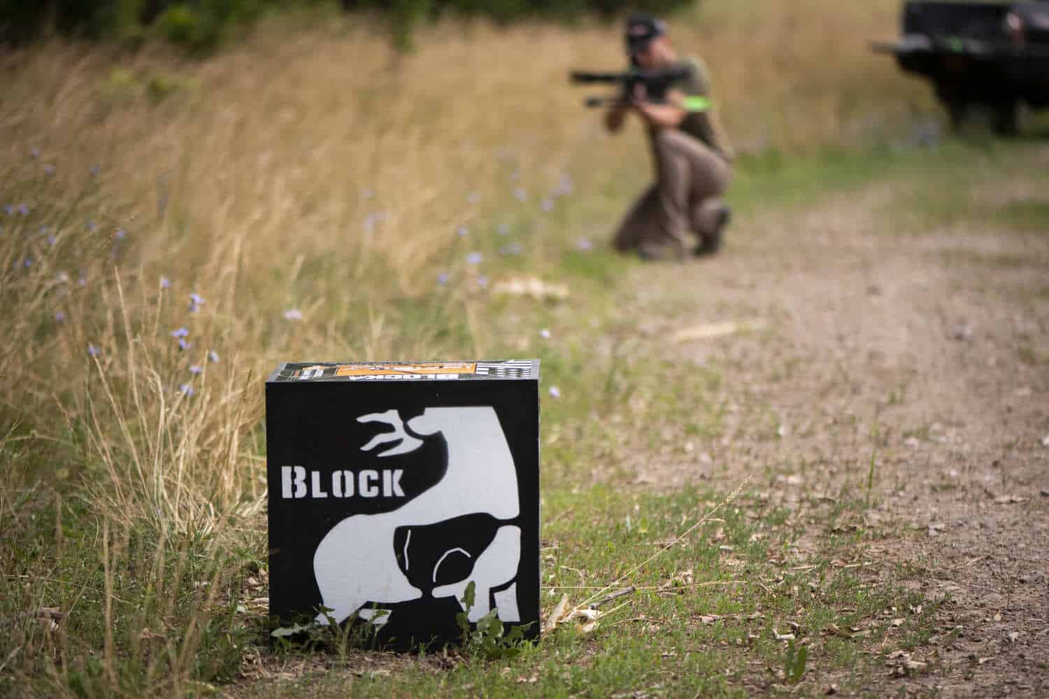 1. Buck decoy on trail with hunter in background for bowhunting practice.