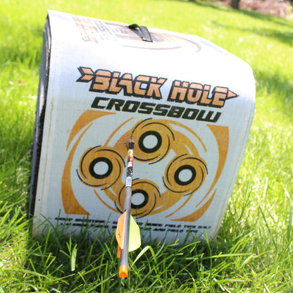 Target for archery with a bow and arrow on a green grassy field.
