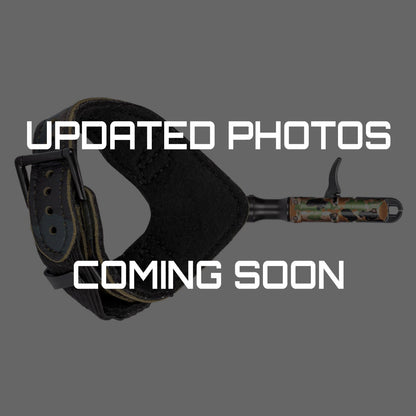 Camo archery release with adjustable strap and rubber grip for bowhunting precision.