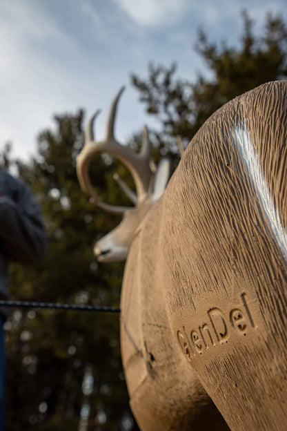 1. Close-up of Woodstream Archery target with deer antlers in natural outdoor setting.