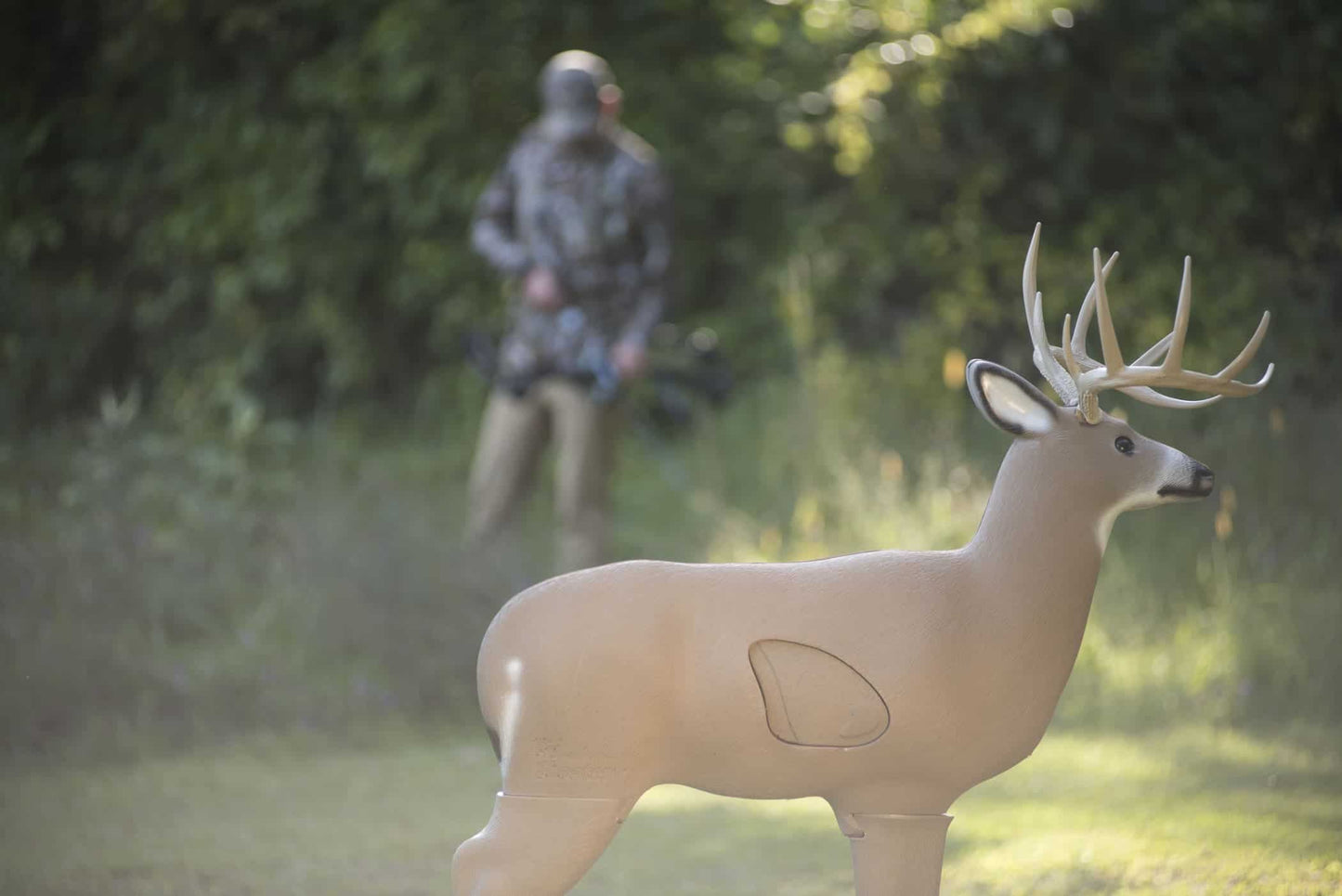 Deer target with antlers in outdoor setting, used for bowhunting practice and aiming refinement.
