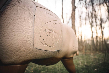 Smooth wooden archery target with detailed shot placement markings in a wooded outdoor setting at sunset.