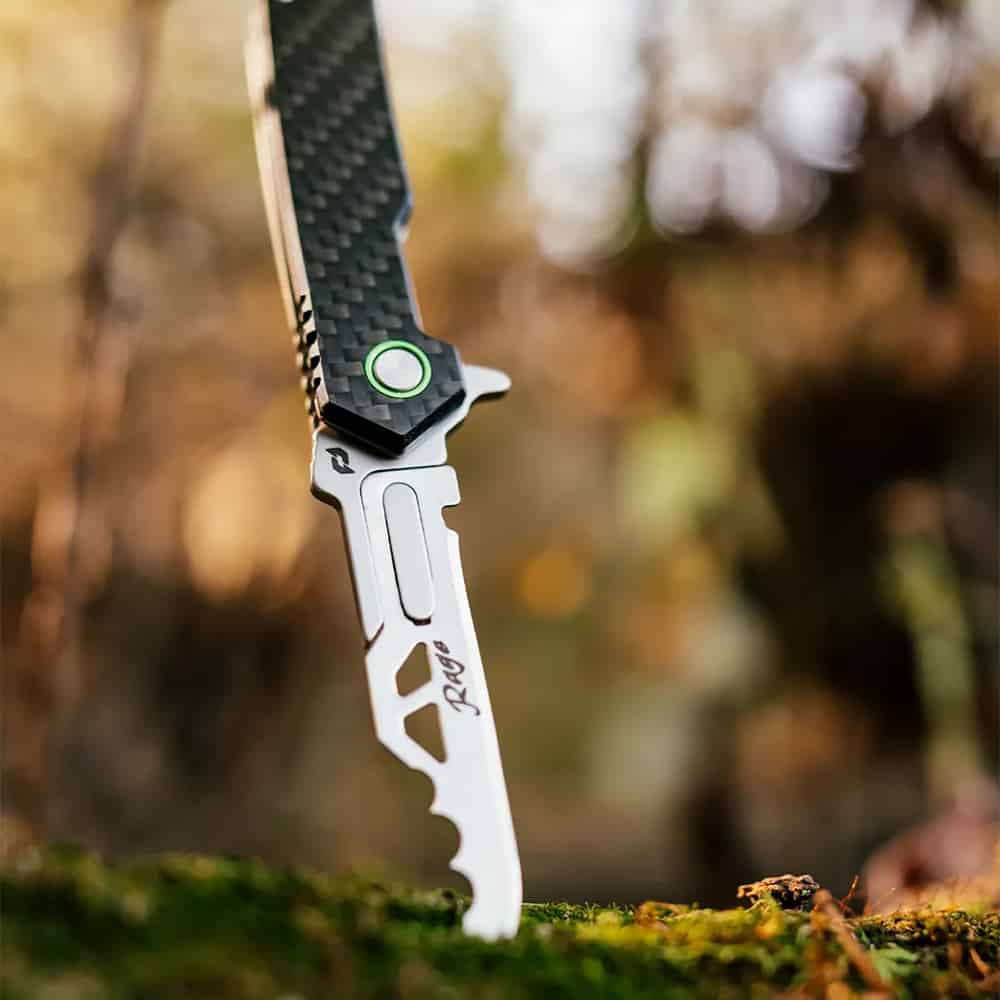 High-performance hunting knife with a sleek titanium blade and carbon fiber handle.