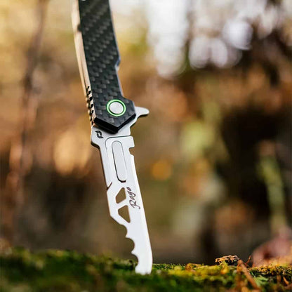 High-performance hunting knife with a sleek titanium blade and carbon fiber handle.