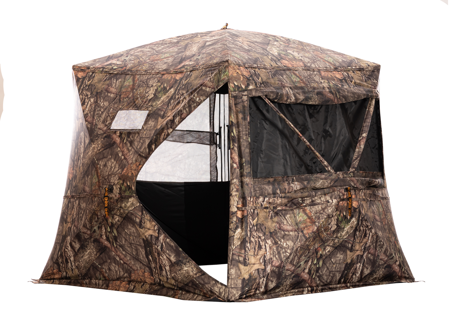 Camouflage hunting blind shelter for archery and bowhunting enthusiasts.