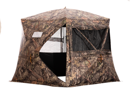 Camouflage hunting blind shelter for archery and bowhunting enthusiasts.