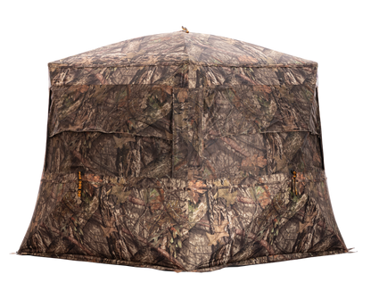 Camouflage hunting blind shelter for archery and bowhunting enthusiasts.