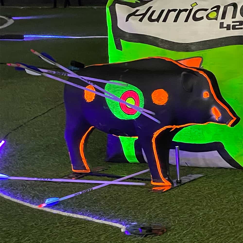 Bright neon archery target shaped like a bear with illuminated markings and arrows on a dark field.