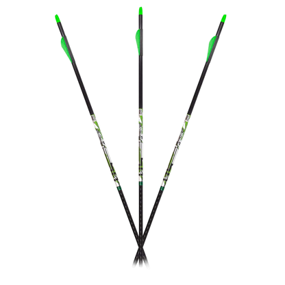 Heavy-duty carbon arrow shafts with neon green vanes for archery and bowhunting.
