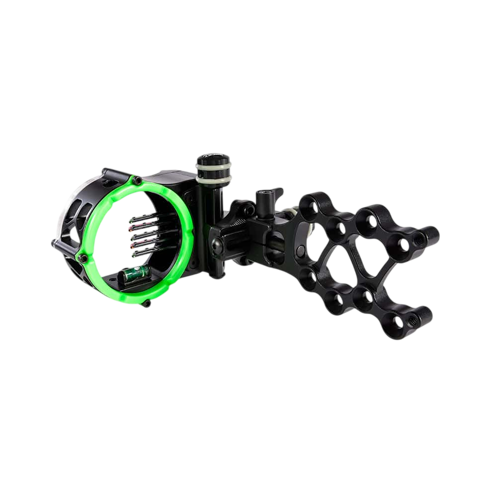 High-tech archery sight with adjustable scope and micro-diameter fiber optics for precision shooting.