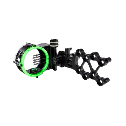 High-tech archery sight with adjustable scope and micro-diameter fiber optics for precision shooting.