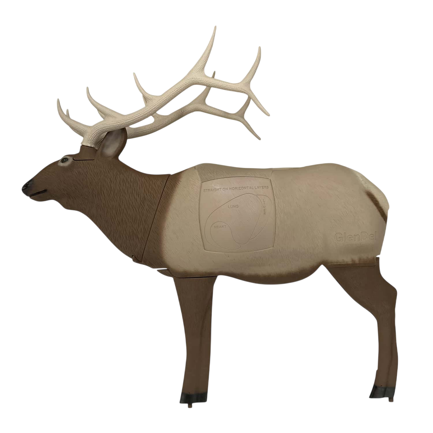 Deer-shaped archery target with realistic antlers and foam body for bowhunting practice.