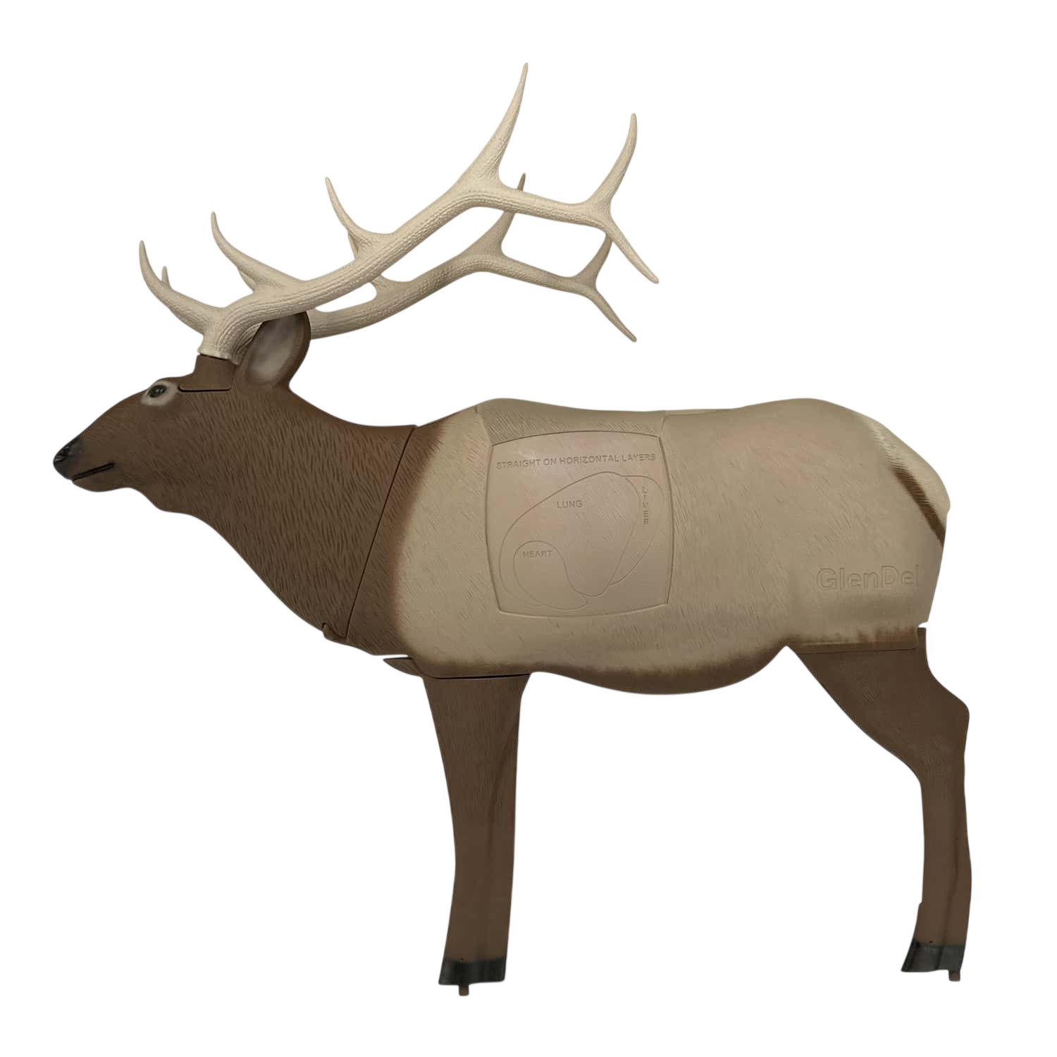 Deer-shaped archery target with realistic antlers and foam body for bowhunting practice.