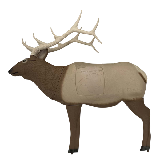 Deer-shaped archery target with realistic antlers and foam body for bowhunting practice.