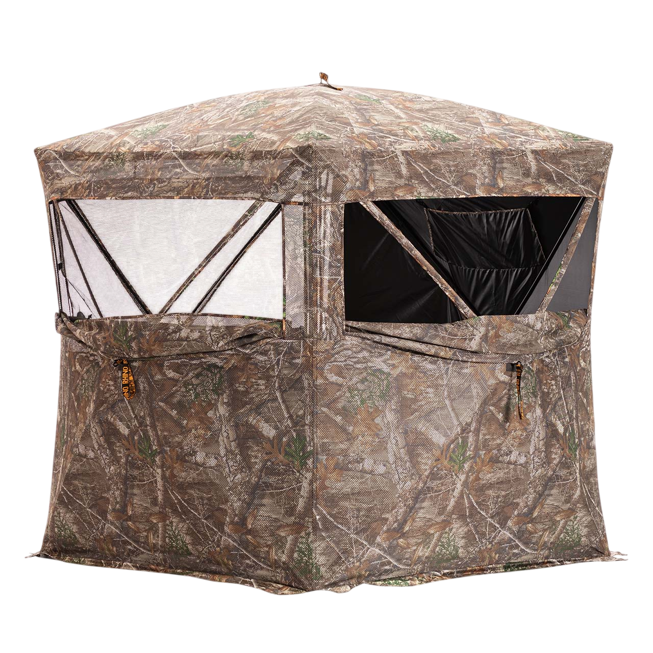 Camouflage hunting blind with mesh windows for outdoor bowhunting access.