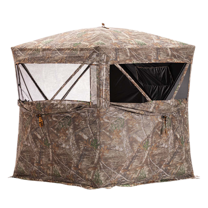 Camouflage hunting blind with mesh windows for outdoor bowhunting access.